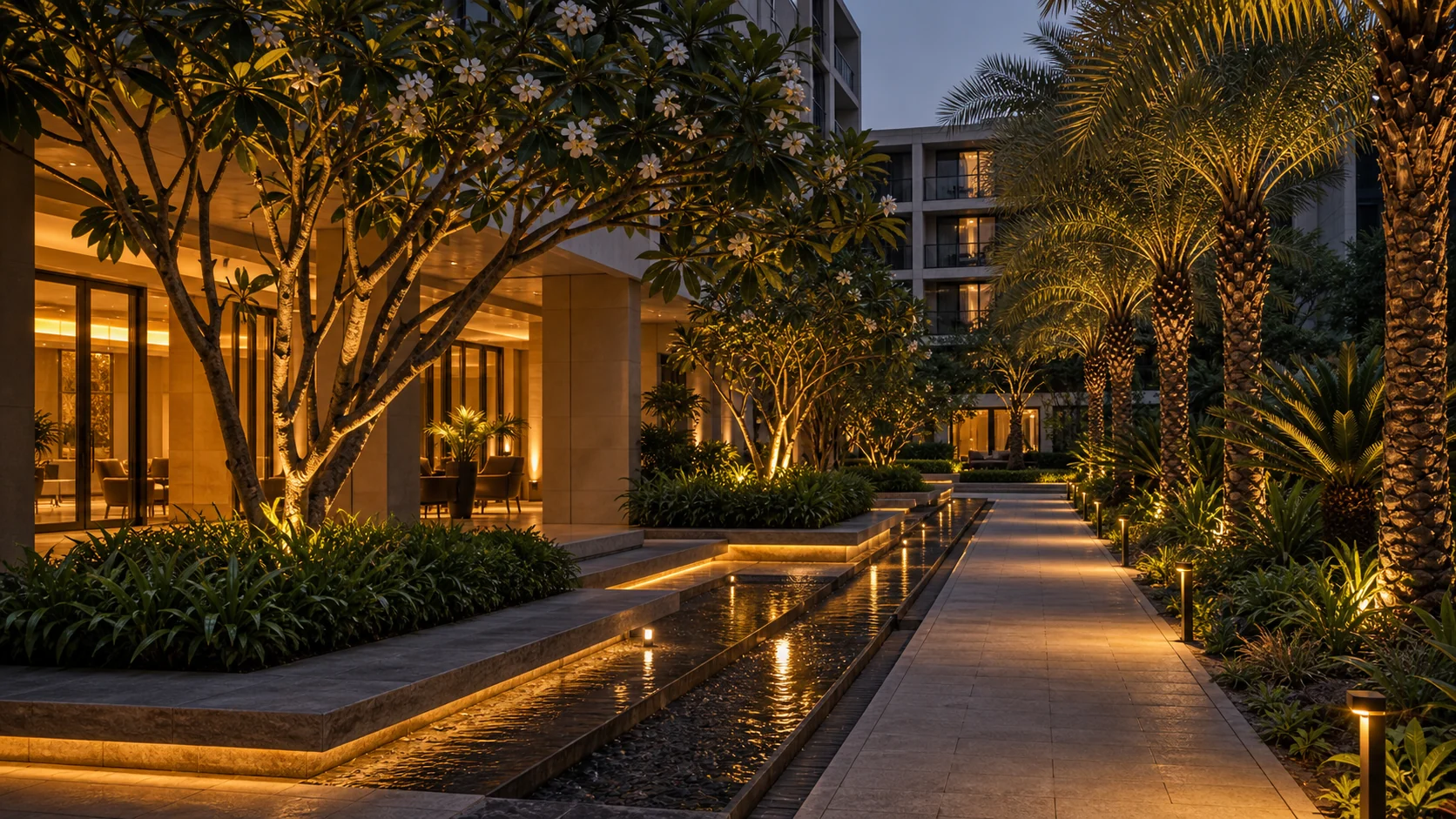 Hospitality landscape with poolside planting, stone deck edge, and resort-style guest amenity planning.