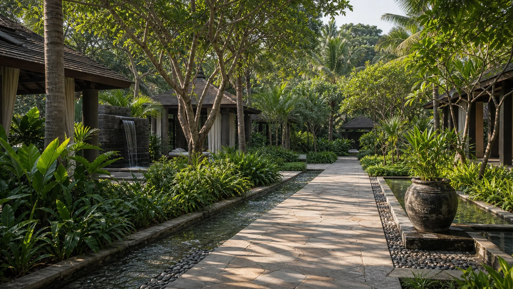 Luxury resort landscape path through tropical planting, palms, and quiet guest circulation zones.
