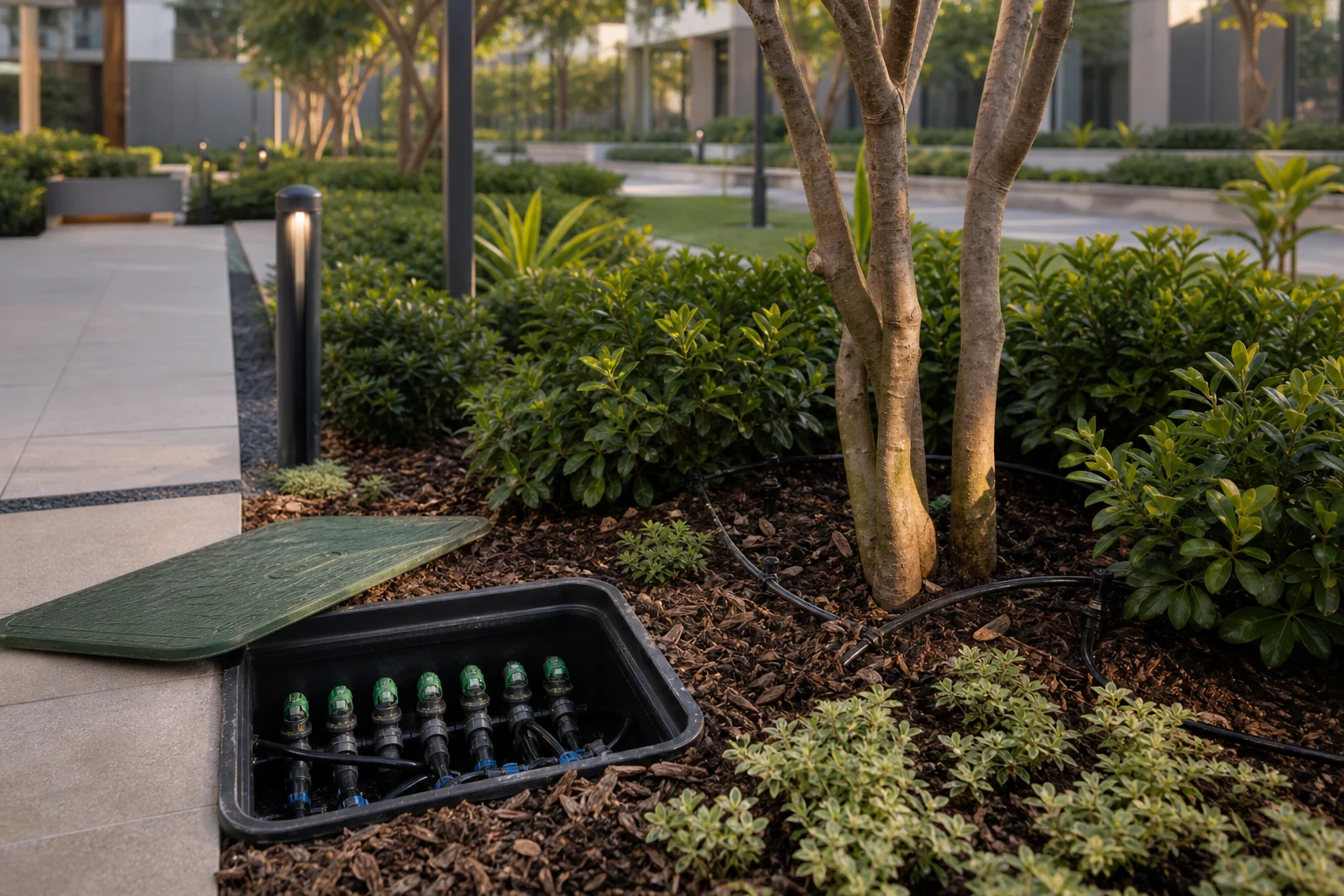 Irrigation control detail set within planted commercial landscape beds for efficient landscape water management.