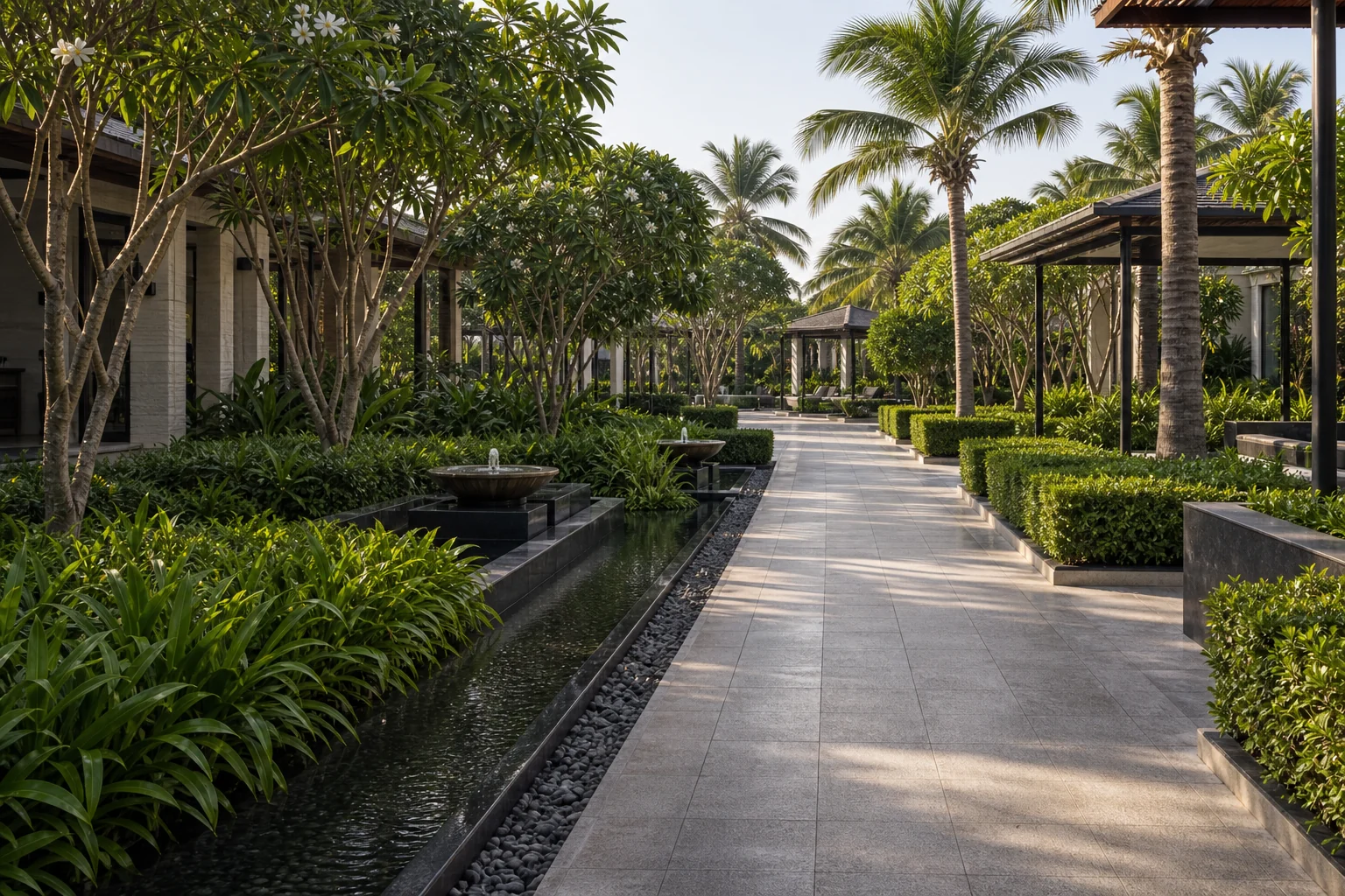 Landscape bollard lighting in a tropical commercial garden with palms, shrubs, and evening ambience.