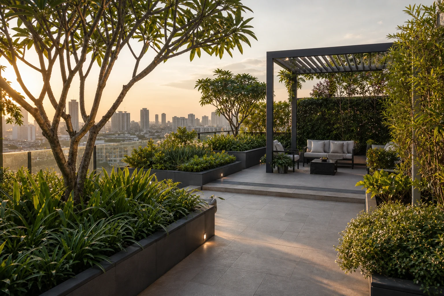 Terrace garden with pergola seating, planters, trees, and planted amenity space for commercial rooftops.