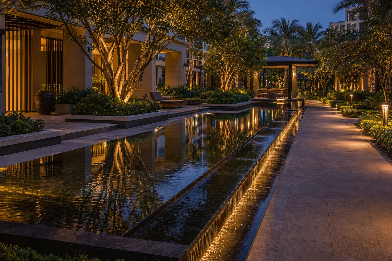 Evening water feature landscape with reflecting pool, linear lighting, and planted commercial garden edges.
