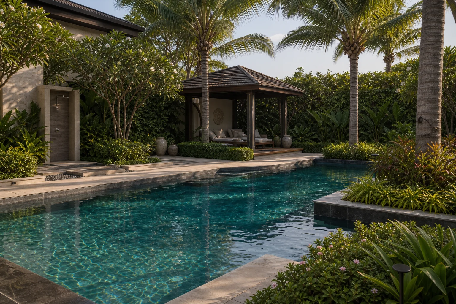 Resort swimming pool landscape with palms, planted deck edges, and luxury outdoor guest amenity planning.