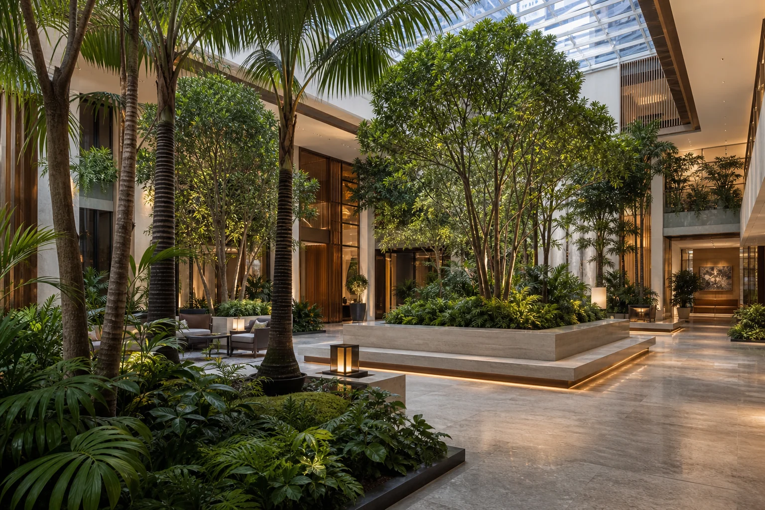 Indoor plantation atrium with specimen trees, planters, and planted commercial interior landscape zones.