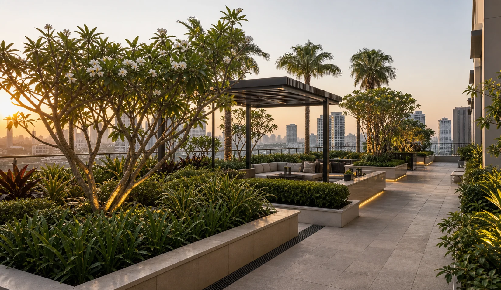 Terrace podium garden with seating, planted edges, tree shade, and commercial amenity landscape planning.