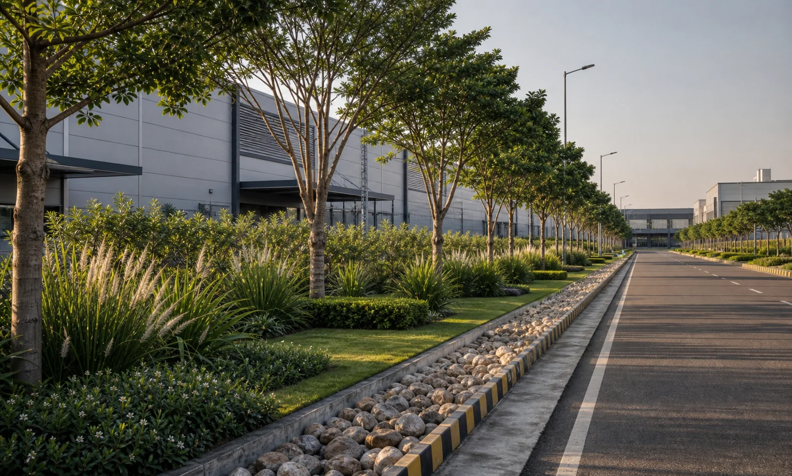 Industrial green belt landscape with screening trees, tough planting, and maintainable commercial site edges.