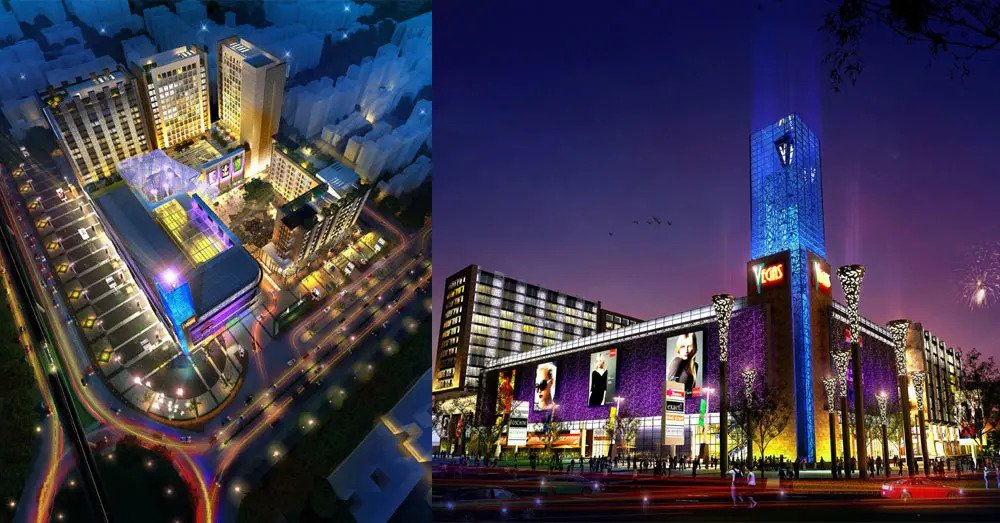 Vegas Mall Delhi exterior at night with landscape lighting